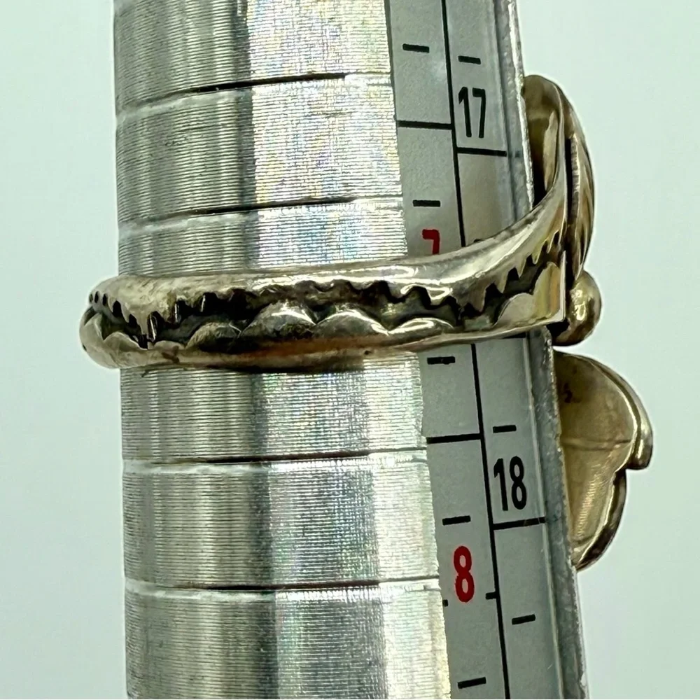 Native American Navajo Sterling Silver Turquoise & Coral Ring – Signed MAC-Leaf